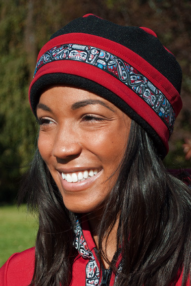 WOMEN'S AURORA HAT / (Softshell) / Ruby, Black, / Totem-Brite (trim) -  Copper River Fleece