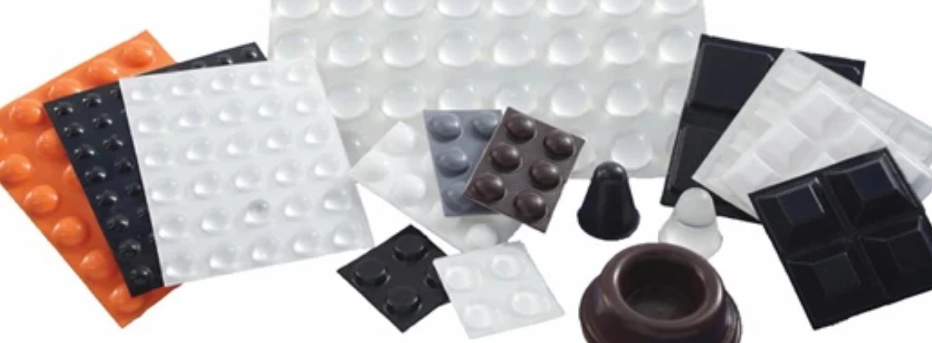 Sheets of self-adhesive rubber feet and bumpers in several colors, with conical, square and recessed bumpers