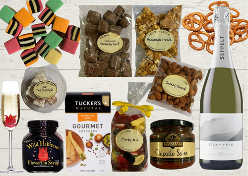 Celebration Gourmet Food Hamper.
Nibbles, nuts, chocolate, confectionary and bubbles. 
Berry Australia. The Treat Factory.