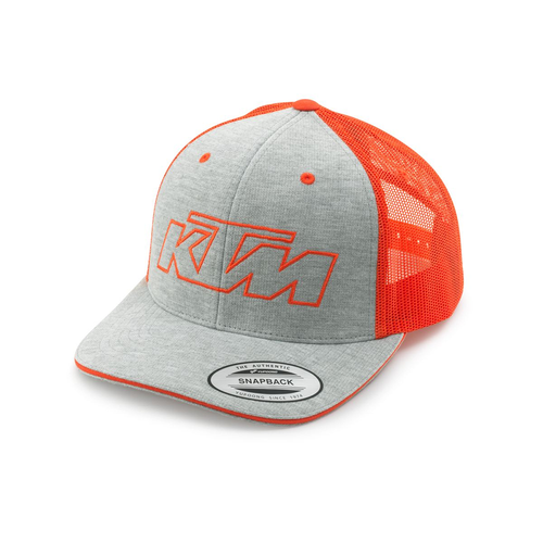 KTM Trucker Cap in with grey front and orange meshing in the back. With KTM Outline logo on front of cap.