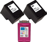 Remanufactured HP 60XL Set of 3 High Yield Ink Cartridges: 2 Black & 1 Color