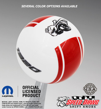 White knob with Red stripes and Black graphics