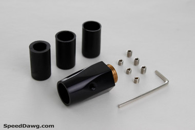 This adapter kit enables you to put a 16mm x 1.50 threaded Speed Dawg shift knob on a non-threaded shifter. Black finish with 3 small set screws and 3 large set screws. Inside diameter is 5/8". Includes 3 rubber sleeves with inside diameters of 9/16", 1/2", and 3/8".