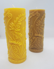 Pure Beeswax Rustic Fern Pillar Candle, 100% Beeswax, Handmade 6"