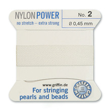 Griffin Polyamid (Nylon) Beading Cord, White, #02, apprx 0.45mm (.018"), carded with needle (2 meters), (3 cards)
