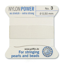 Griffin Polyamid (Nylon) Beading Cord, White, #03, apprx 0.50mm (.020"), carded with needle (2 meters), (3 cards)