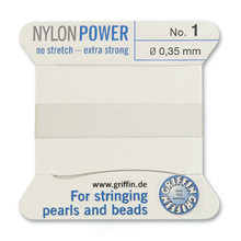 Griffin Polyamid (Nylon) Beading Cord, White, #01, apprx 0.35mm (.014"), carded with needle (2 meters), (3 cards)