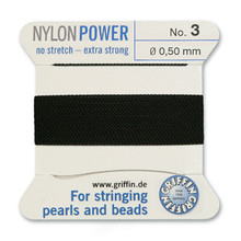 Griffin Polyamid (Nylon) Beading Cord, Black, #03, apprx 0.50mm (.020"), carded with needle (2 meters), (3 cards)