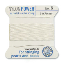 Griffin Polyamid (Nylon) Beading Cord, White, #06, apprx 0.70mm (.028"), carded with needle (2 meters), (3 cards)