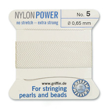 Griffin Polyamid (Nylon) Beading Cord, White, #05, apprx 0.65mm (.026"), carded with needle (2 meters), (3 cards)