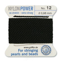 Griffin Polyamid (Nylon) Beading Cord, Black, #12, apprx 0.98mm (.039"), carded with needle (2 meters), (3 cards)
