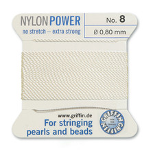Griffin Polyamid (Nylon) Beading Cord, White, #08, apprx 0.80mm (.032"), carded with needle (2 meters), (3 cards)