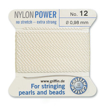 Griffin Polyamid (Nylon) Beading Cord, White, #12, apprx 0.98mm (.039"), carded with needle (2 meters), (3 cards)