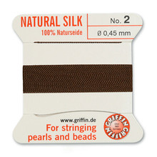 Griffin Silk Beading Cord, Brown, #02, apprx 0.45mm (.018"),  carded with needle (2 meters), (3 cards)