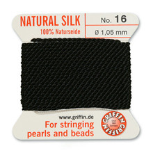 Griffin Silk Beading Cord, Black, #16, apprx 1.05mm (.042"),  carded with needle (2 meters), (3 cards)