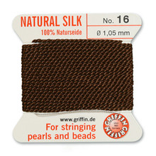 Griffin Silk Beading Cord, Brown, #16, apprx 1.05mm (.042"),  carded with needle (2 meters), (3 cards)