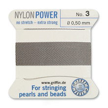Griffin Polyamid (Nylon) Beading Cord, Grey, #03, apprx 0.50mm (.020"), carded with needle (2 meters), (3 cards)