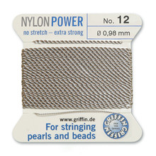 Griffin Polyamid (Nylon) Beading Cord, Grey, #12, apprx 0.98mm (.039"), carded with needle (2 meters), (3 cards)