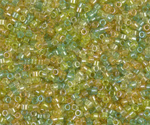 Delica Beads (Miyuki), size 11/0 (same as 12/0), SKU 195006.DB11-0983, lined amber / peridot mix, (10gram tube, apprx 1900 beads)