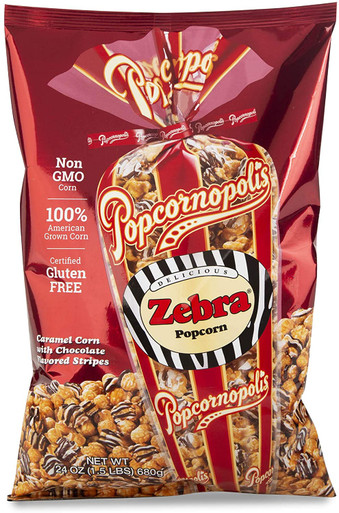 Popcornopolis Zebra Caramel Corn with Chocolate Stripes, Gluten-Free, Non-GMO, 24 oz Bag