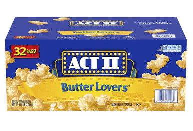 ACT II Butter Lovers Microwave Popcorn, 32 Count 2.75oz Bags, Whole Grain, Movie Night Snacks, Buttery Flavor, High Fiber, Low Calorie, Kosher Certified