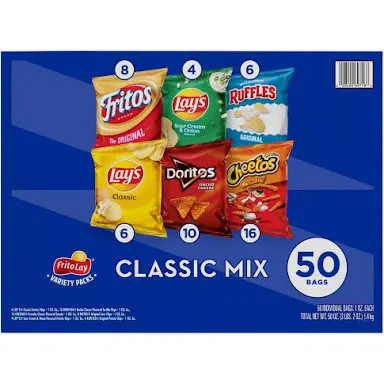 Frito-Lay Classic Mix Variety Pack, Doritos, Cheetos, Fritos, Ruffles, Lay's Chips, 50 Count, 1 oz Individual Bags