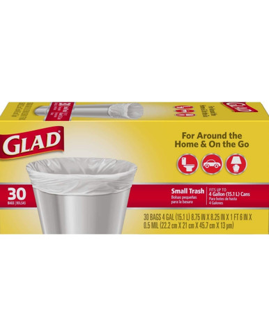 Glad Small Trash Bags, 4 Gallon, 30 Count, White Plastic Bags for Bathroom, Bedroom, and On the Go