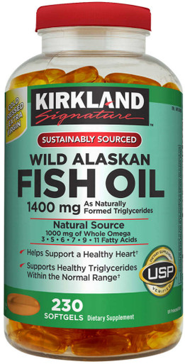 Kirkland Signature Wild Alaskan Fish Oil, 1400mg, Omega-3 EPA DHA, Cold Pressed Extra Virgin, Vitamins A & D3, 230 Softgels