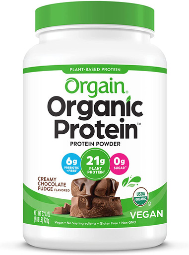 Orgain Organic Plant Based Protein Powder, Creamy Chocolate Fudge, Vegan, Low Net Carbs, Non Dairy, Gluten Free, No Sugar Added, Soy Free, Kosher, Non-GMO, 2.03 Lb (Packaging May Vary)