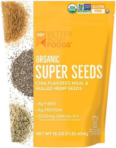 Better Body Foods Organic Superfood Super Seeds, Chia Flaxseed & Hemp, Blend of Organic Chia Seeds Organic Milled Flax Seed Organic Hulled Hemp Seeds, Add to Smoothies Shakes & More, 16 oz