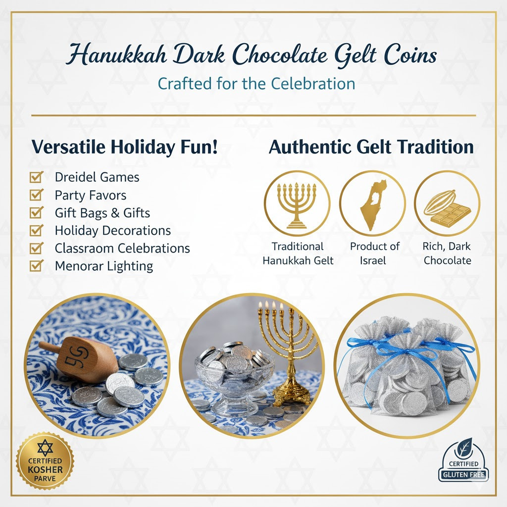 Dark Chocolate Coins, Silver Foil Wrapped Hanukkah Gelt, Imported from  Israel, Kosher Parve, Individually Wrapped, 24 Count - Whole And Natural