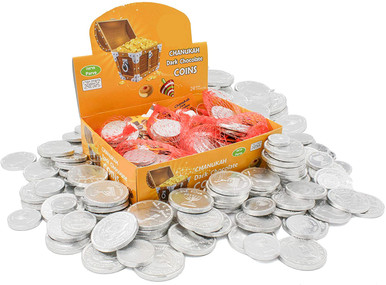 Carmit Hanukkah Dark Bittersweet Chocolate Gelt Coins, Made in Israel, Kosher Certified, Parve Chanukah Coins, Box of 24 Mesh Sacks, (0.42 oz each)