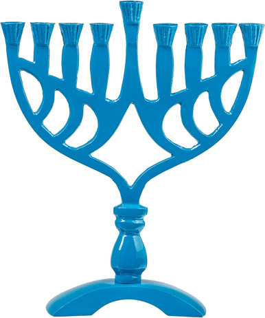 Hanukkah Menorah, Blue, 7.5 x 6.5 Inches, Geometric Traditional Design, Aluminum Construction, Fits Standard Chanukah Candles