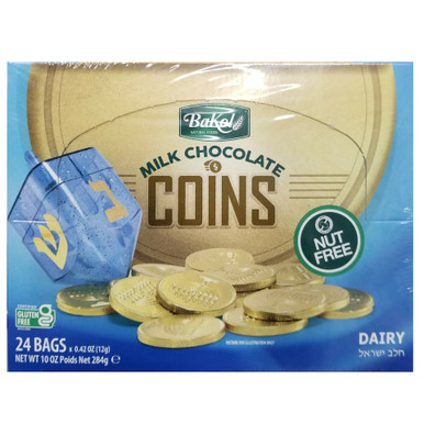 Bakol Hanukkah Milk Chocolate Gelt Coins, Nut Free, Bulk Chanukah Coin, 24 Count