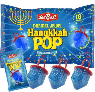 Dreidel Jewel Pop Hanukkah Blue Raspberry Ring-Shaped Lollipops, Kosher Candy, Individual Wrapped Holiday Treats, 18 Count