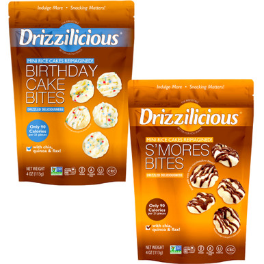 Drizzilicious Mini Rice Cake Bites Variety Pack, Birthday Cake and S'mores Flavors, 4 oz Bags (2 Count)