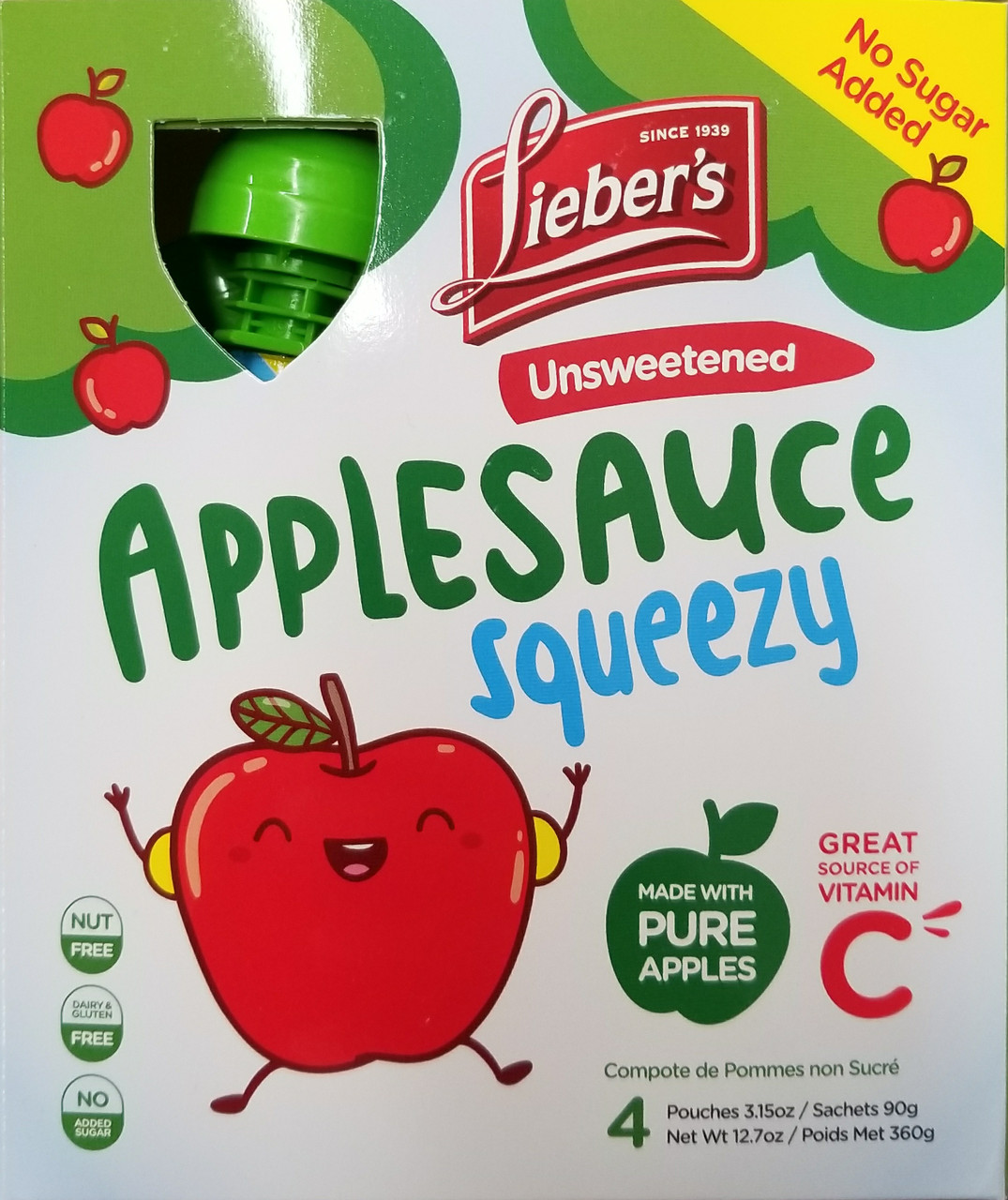 Lieber's Unsweetened Applesauce Squeezy Pouches, No Sugar Added