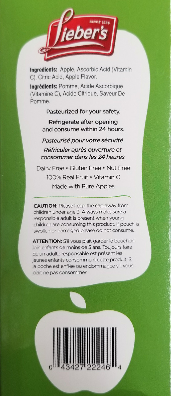 Lieber's Unsweetened Applesauce Squeezy Pouches, No Sugar Added