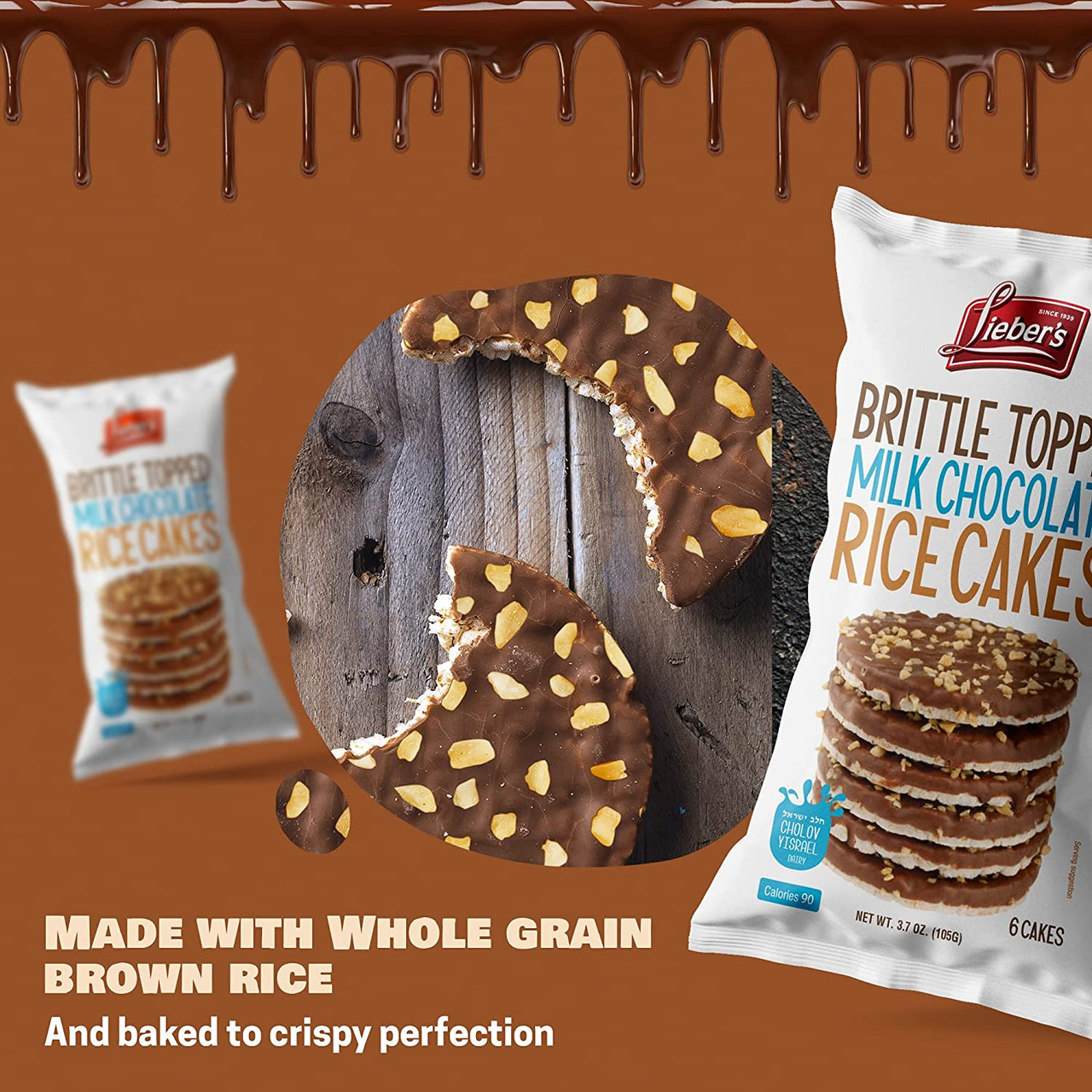 Lieber's Brittle Topped Milk Chocolate Rice Cakes, 3.7 oz (Pack of 12) - Whole And Natural