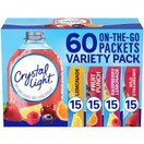 Crystal Light On-The-Go Powdered Drink Mix Variety Pack, 60 Packets – Zero Sugar Water Flavor Packets with Caffeine, Low Calorie Singles for Bottled Water