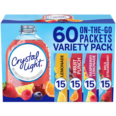 Crystal Light On-The-Go Powdered Drink Mix Variety Pack, 60 Packets – Zero Sugar Water Flavor Packets with Caffeine, Low Calorie Singles for Bottled Water