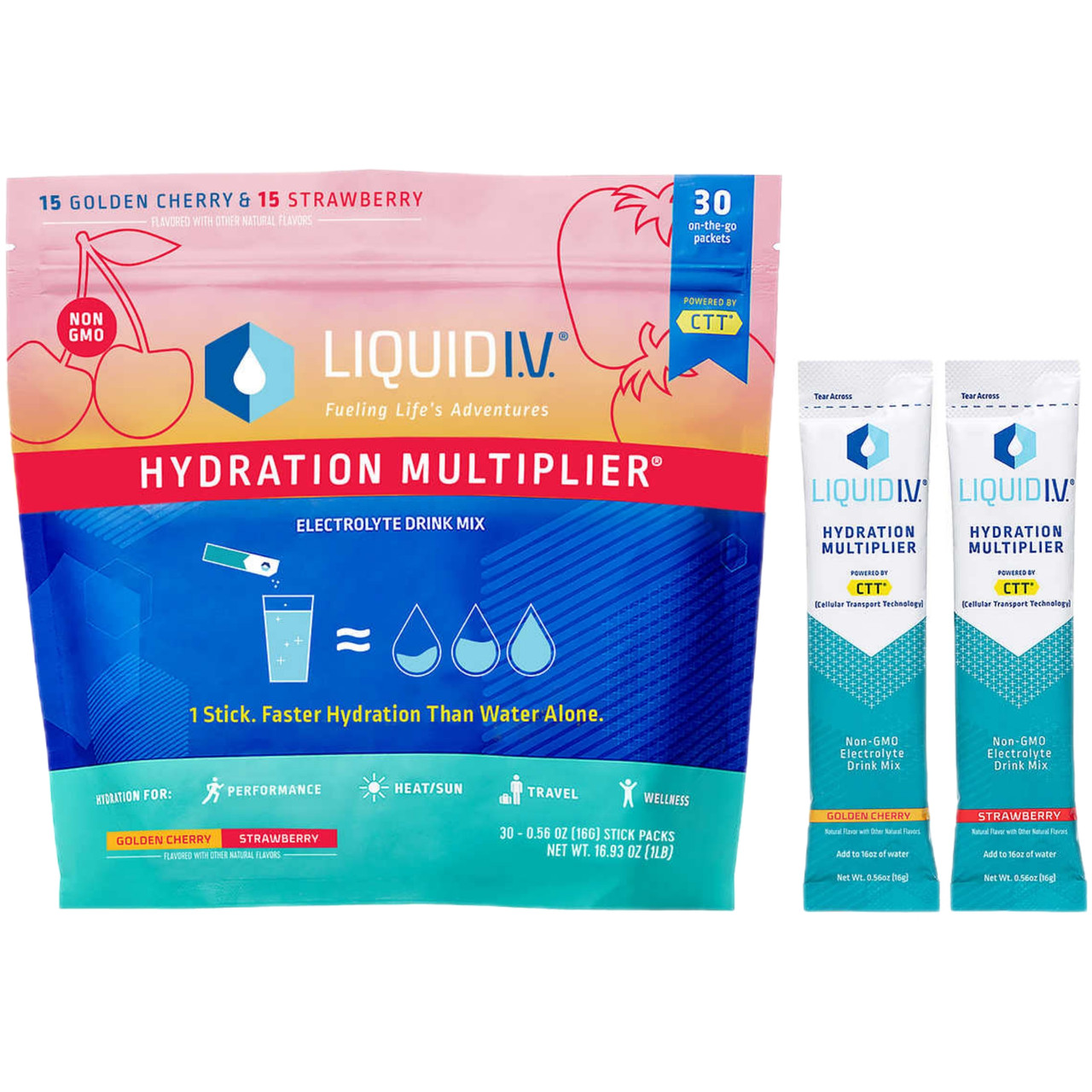 Liquid IV Electrolytes Hydration Multiplier Golden Cherry Strawberry, 30  Count - Whole And Natural