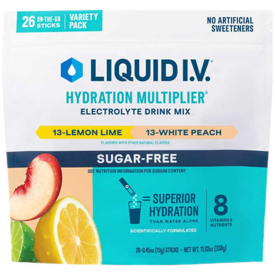 Liquid IV Sugar Free Electrolytes Hydration Multiplier Lemon Lime, White Peach, 26 Count