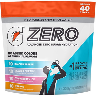 Gatorade Zero Powder Packets, Advanced Electrolyte Hydration Drink Mix, Zero Sugar, 4-Flavor Variety Pack (40 Count)