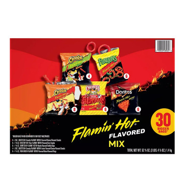 Frito-Lay Flamin' Hot Variety Pack, 30 Count, Includes Cheetos, Doritos, Chester's Fries, Funyuns, Individually Wrapped Bags, Spicy Snack Mix