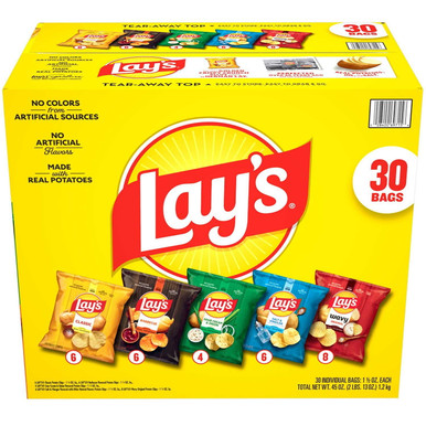 Lay's Potato Chips Variety Pack, 30 Count, 1.5 oz Individual Bags, Includes Classic, Barbecue, Sour Cream & Onion, Salt & Vinegar, Wavy Original, 45 oz Bulk Snack Box