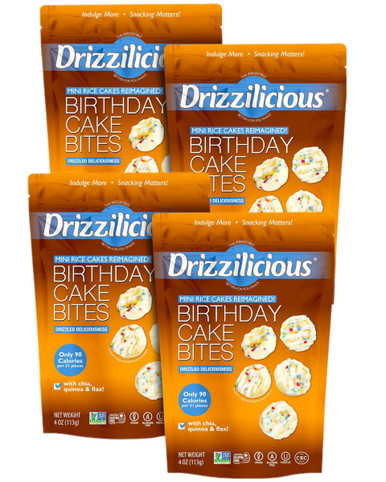 Drizzilicious Birthday Cake Bites, Plant-Based Superfood Rice Crisps with Quinoa, Chia and Flax, Gluten-Free, Vegan, 90 Calories, 4 oz (Pack of 4)