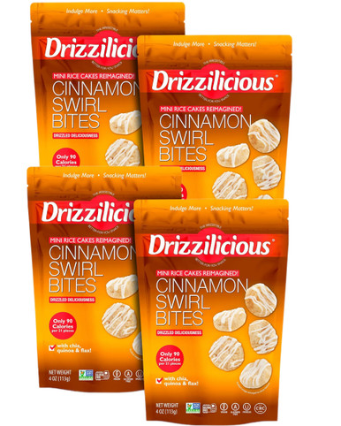 Drizzilicious Cinnamon Swirl Bites, Plant-Based Rice Crisps with Quinoa, Chia and Flax, Gluten-Free, Vegan, Non-GMO, 4 oz (Pack of 4)