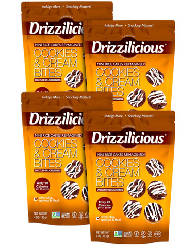 Drizzilicious Cookies & Cream Bites, Superfood Rice Crisps with Quinoa, Chia & Flax, Gluten-Free, Vegan, 90 Calories, 4 oz (Pack of 4)