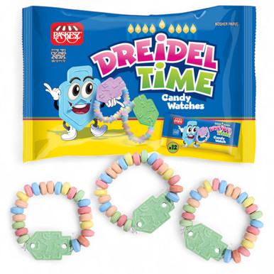 Hanukkah Dreidel Time Candy Watch Bracelets, Assorted Fruit Flavors, Hard Candy Jewelry, Dreidel Shaped Charms, Individually Wrapped, 12 Count